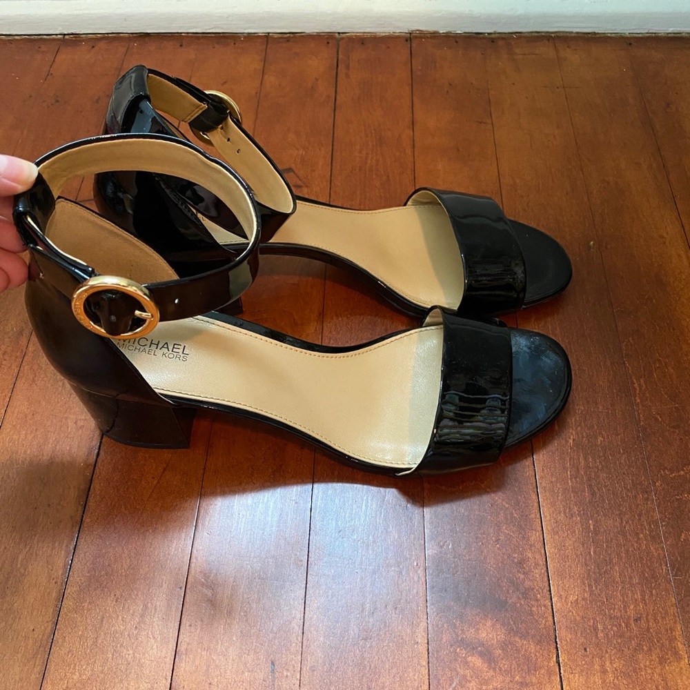 MK block heel patent sandals.